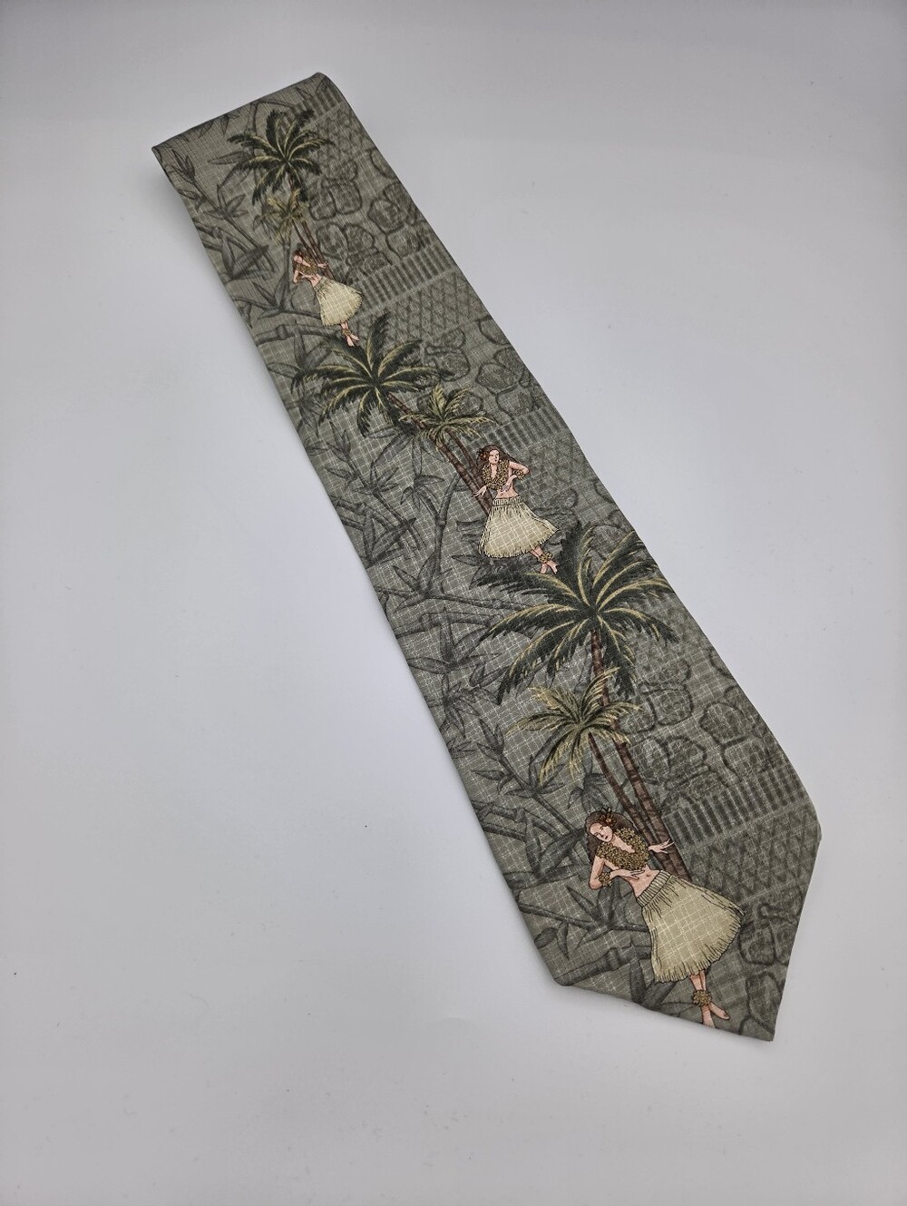 Vintage Tropicals by Tango Silk Necktie Hula Girl Palm‎ Tree Hawaii Green USA
